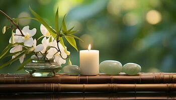 AI generated Relaxation in nature, candle, plant, leaf, freshness, green color generated by AI photo