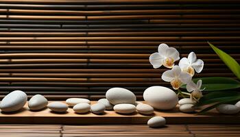 AI generated Tranquil scene, stone, bamboo, orchid, relaxation, harmony, balance generated by AI photo