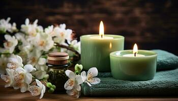 AI generated Relaxation in nature, candlelight, aromatherapy, spa treatment generated by AI photo