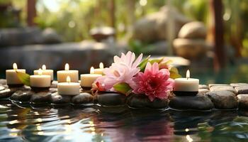 AI generated Relaxation in nature, candlelight flickers, pampering spa treatment generated by AI photo