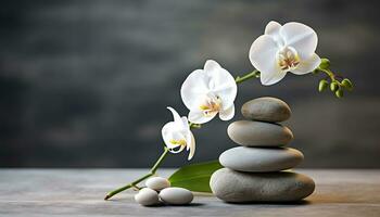 AI generated Balance stone stack, nature harmony, freshness in still life generated by AI photo