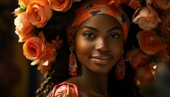 ai generado sonriente joven mujer con hermosa africano etnia generado por ai foto