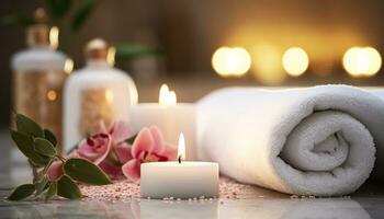 AI generated Relaxation, luxury, candlelight, spa treatment, freshness, wellbeing, nature, beauty generated by AI photo