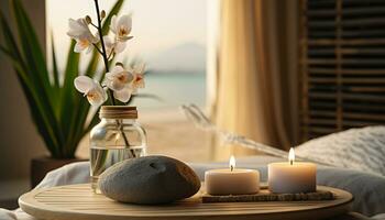 AI generated Luxury spa treatment, candlelight, relaxation, fresh flowers generated by AI photo