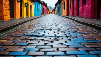 AI generated Vibrant colored cobblestone path leads to ancient architecture generated by AI photo