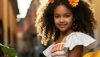 ai generado sonriente africano niña en tradicional ropa, al aire libre retrato generado por ai foto