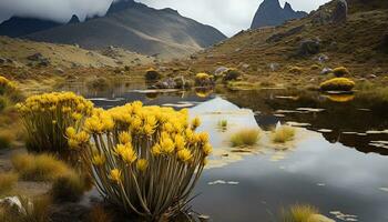 AI generated Tranquil meadow reflects mountain peak in summer generated by AI photo