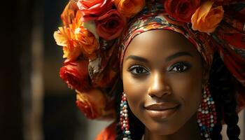 AI generated Young woman smiling, looking at camera, outdoors with flowers generated by AI photo