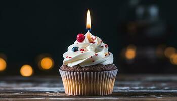 AI generated Cupcake with candle, dessert for birthday celebration generated by AI photo