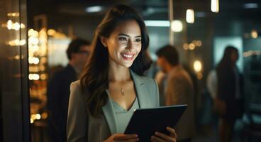 ai generado sonriente mujer de negocios en oficina, éxito y felicidad generado por ai foto