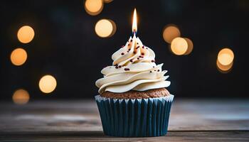 AI generated Homemade cupcake with gourmet decoration and candle generated by AI photo