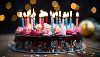 AI generated Birthday celebration with chocolate cake and burning candles generated by AI photo