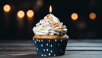 AI generated Birthday cake with candle, icing, and chocolate decoration generated by AI photo