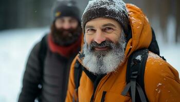 AI generated Two men hiking in the winter forest generated by AI photo