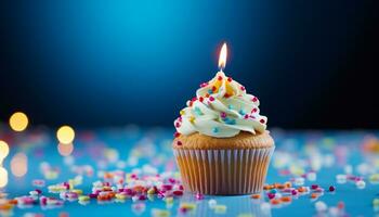 AI generated Birthday celebration with colorful cupcakes and burning candles generated by AI photo