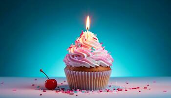 AI generated Birthday cupcake with candle, celebration of sweet food generated by AI photo