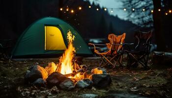 AI generated Camping in nature, fire glowing, tent in darkness generated by AI photo