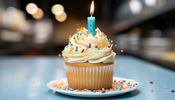 AI generated Birthday celebration with a colorful cupcake and burning candle generated by AI photo