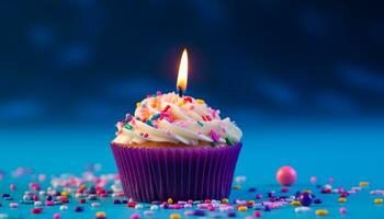 AI generated Birthday celebration with candle, cupcake, and chocolate generated by AI photo