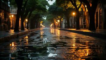 AI generated City street illuminated by street lights at night generated by AI photo