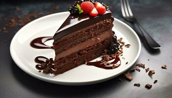 AI generated Indulgent slice of dark chocolate cake with strawberries generated by AI photo