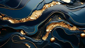 AI generated Abstract blue wave design on shiny gold backdrop generated by AI photo