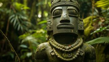 AI generated Ancient sculpture in tropical rainforest embodies spirituality generated by AI photo