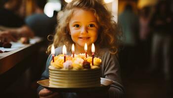 ai generado sonriente niña disfruta cumpleaños pastel con vela fuego generado por ai foto