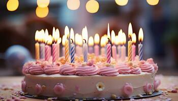 ai generado cumpleaños pastel con velas, dulce, y decoraciones generado por ai foto