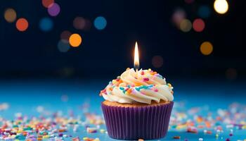 AI generated Brightly decorated cupcake with candle for birthday celebration generated by AI photo