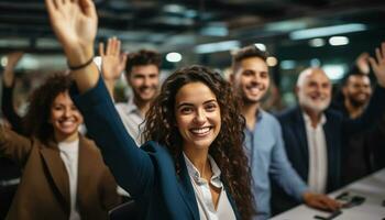 AI generated A successful group of young adults cheering together generated by AI photo
