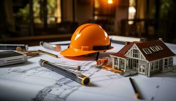 AI generated Construction industry blueprint, architect plans, hardhat engineer planning work helmet generated by AI photo