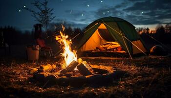 ai generado cámping aventura, fuego, carpa, al aire libre, naturaleza, fuego generado por ai foto