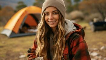 AI generated Smiling young woman enjoying autumn camping outdoors generated by AI photo