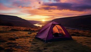 ai generado cámping en naturaleza, puesta de sol aventura, montaña excursionismo generado por ai foto