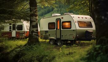 AI generated Camping in nature, motor home adventure, travel freedom generated by AI photo