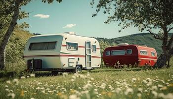 AI generated Summer camping, motor home, travel, outdoors, adventure, relaxation, landscape, recreational pursuit, vehicle generated by AI photo