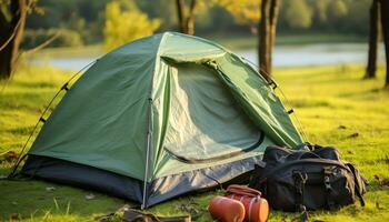 AI generated Camping in nature, tent, outdoors, adventure, hiking generated by AI photo