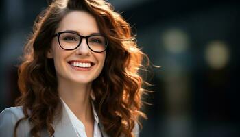 AI generated Smiling woman with brown hair radiates confidence generated by AI photo