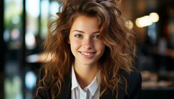 AI generated Smiling young woman with brown hair looking at camera generated by AI photo