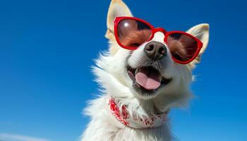 AI generated Cute terrier puppy sunbathing with sunglasses, purebred dog generated by AI photo