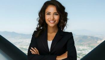 AI generated Confident businesswoman outdoors, smiling with elegance and success generated by AI photo