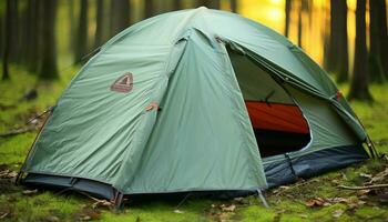 AI generated Camping in nature, tent under the green tree generated by AI photo