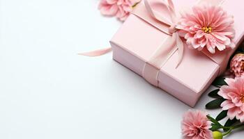 AI generated Fresh pink flowers in a beautiful gift box generated by AI photo