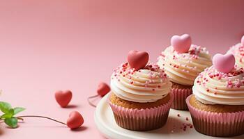 ai generado dulce corazón conformado magdalena con rosado Formación de hielo y chocolate generado por ai foto