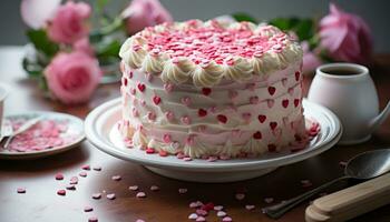 AI generated Gourmet birthday cake with whipped cream and strawberries generated by AI photo