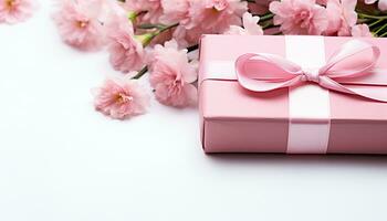 AI generated Birthday gift, pink flower in decorative box generated by AI photo