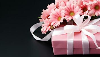 AI generated Pink flower bouquet in gift box, love celebration generated by AI photo
