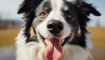 AI generated Cute border collie puppy sitting outdoors, looking at camera generated by AI photo