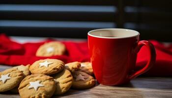 AI generated Homemade chocolate biscuit on rustic wooden table generated by AI photo